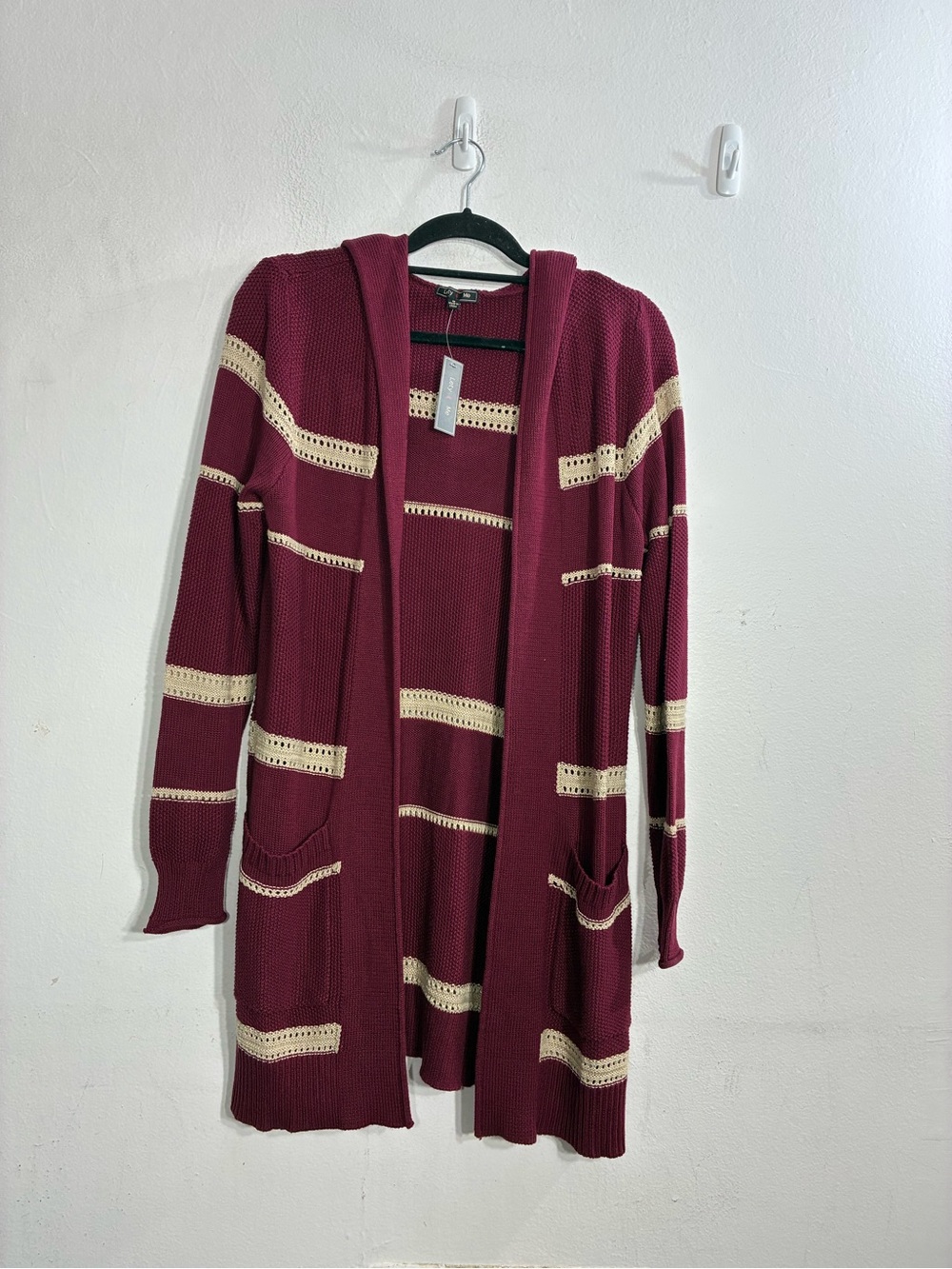 Hooded Open-Front Cardigan Sweater with pockets in Burgundy with Cream Stripes